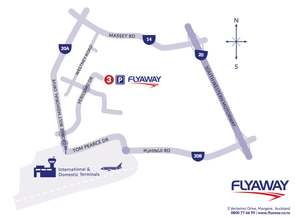 Flyaway Airport Parking sign and site layout map highlighting off‑site Auckland Airport parking location