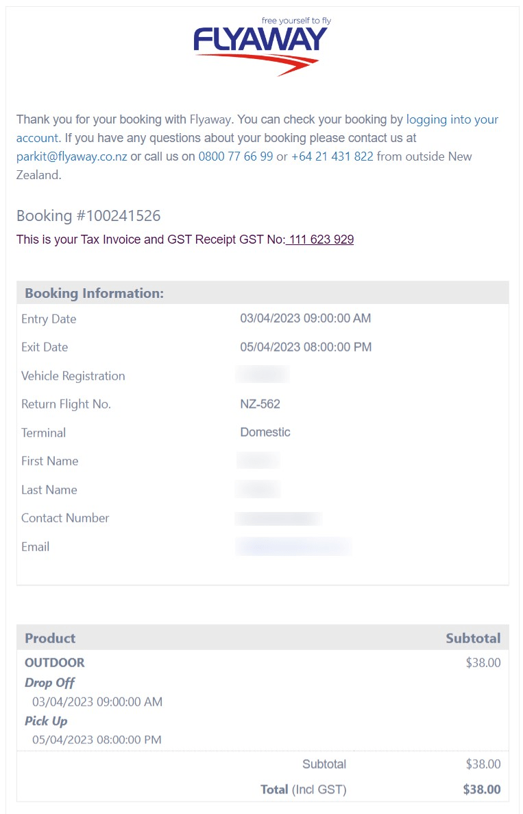 Screenshot displaying the confirmation of the rate from Flyaway Airport Parking