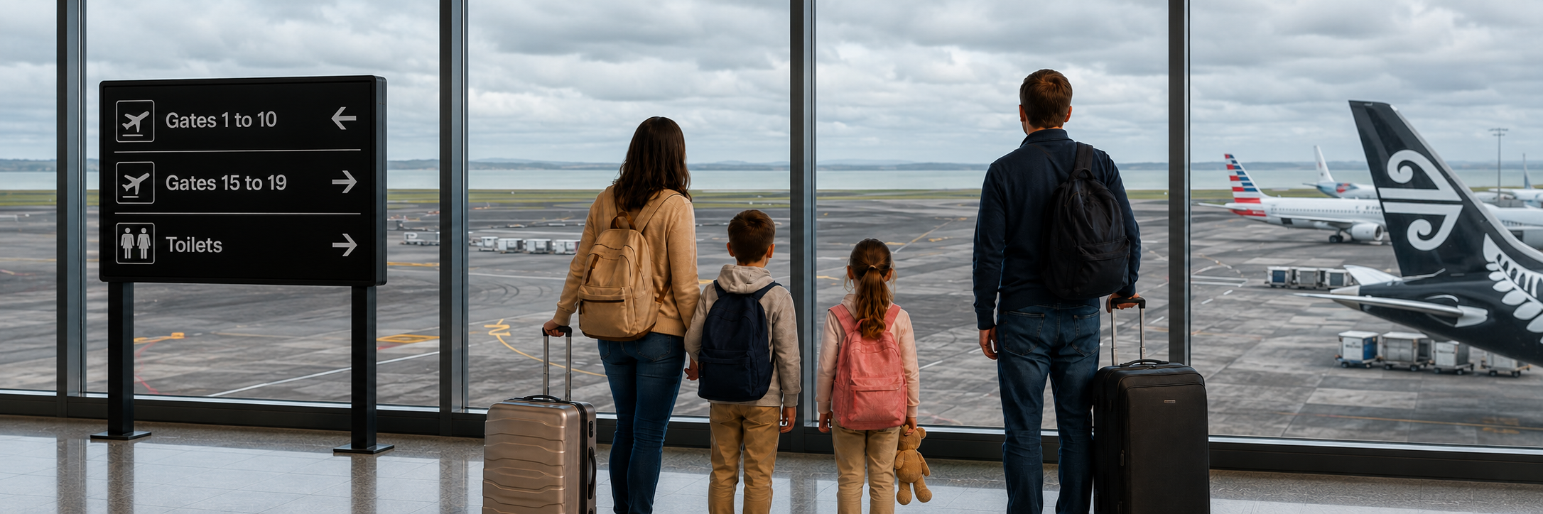 Family at Auckland Airport preparing for school holiday travel